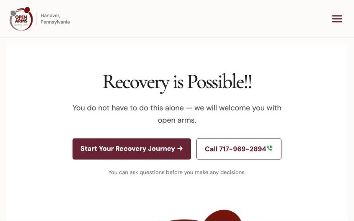 Open Arms Recovery Center - Hanover, PA website screenshot